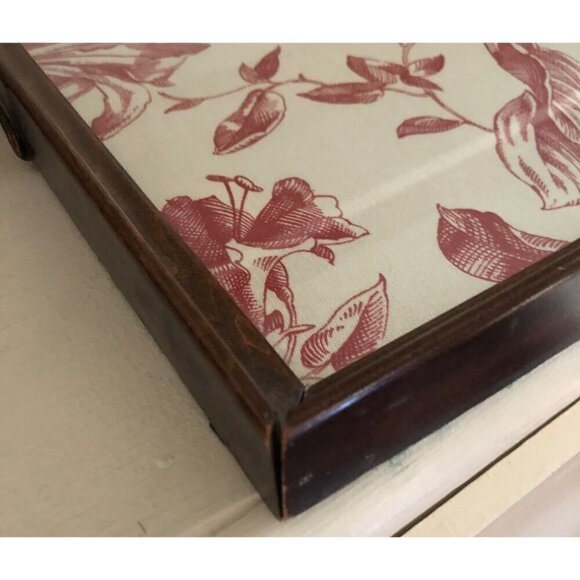 Wood Frame Antique Vintage Glass Serving Tray Red Flower Pattern Print - Picture 8 of 15